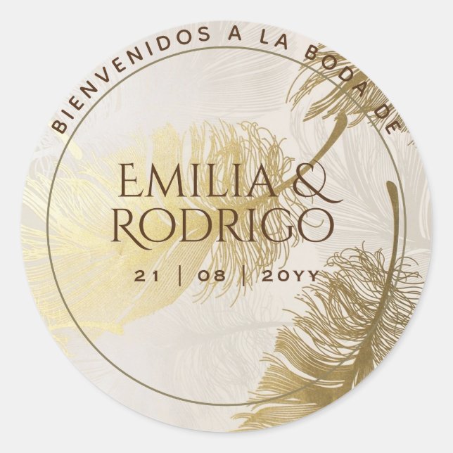Gold Feathers Spanish Boda Willkommen Gastgeschenk Runder Aufkleber (Vorderseite)