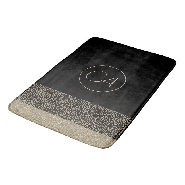 Gold Federn auf Black Monogram Badetuch Set Bat Badematte (Schrägansicht)