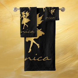 Gold Feeren mit Pixie Staub auf schwarzem Monogram Badhandtuch Set