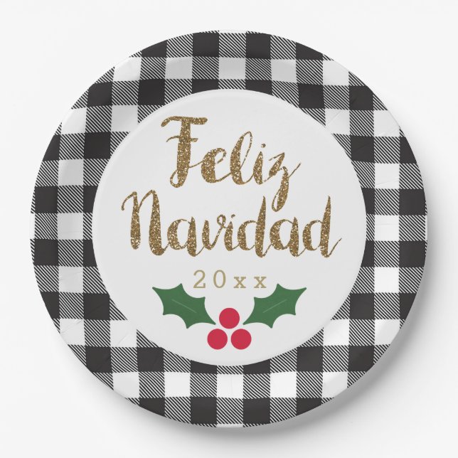 Gold Feliz Navidad Schwarz-weiß Buffalo Kariert Pappteller (Vorderseite)