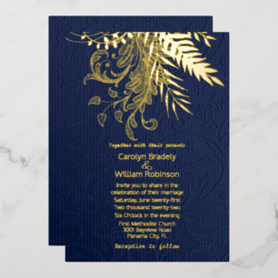 Gold Ferns and Foliage on Blue Damask Wedding Folieneinladung
