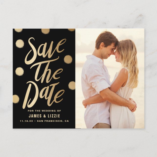 Gold Festive Dots Foto Save the Date Postkarte (Vorderseite)
