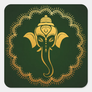 Gold Festive Ganesh Indian Wedding Green Quadratischer Aufkleber