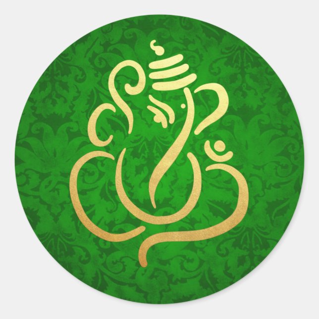 Gold Festive Ganesh | Indischer Gott Damask Green Runder Aufkleber (Vorderseite)