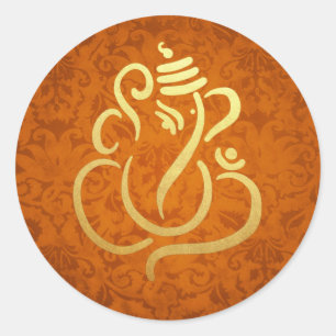 Gold Festive Ganesh Indischer Gott Damask Orange Runder Aufkleber