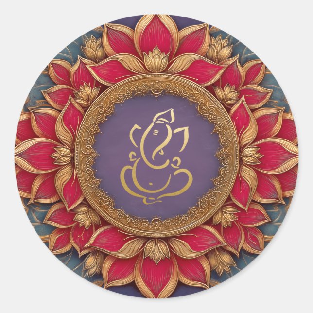 Gold Festive Ganesh | Indischer Gott Lila Pink Lot Runder Aufkleber (Vorderseite)