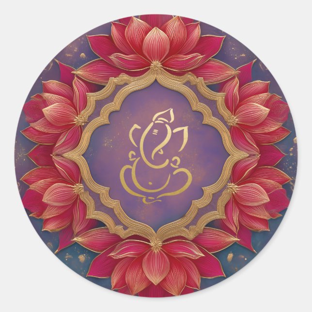 Gold Festive Ganesh | Indischer Gott Lila Pink Lot Runder Aufkleber (Vorderseite)