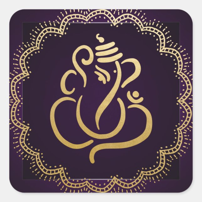 Gold Festive Ganesh | Indischer Gott Lila Quadratischer Aufkleber (Vorderseite)