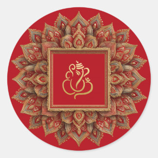 Gold Festive Ganesh | Indischer Gott Rot Runder Aufkleber