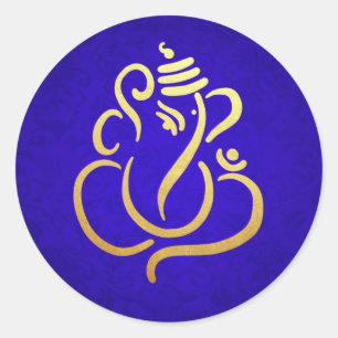 Gold Festiver Ganesh   Indischer Gott Damast Blau Runder Aufkleber