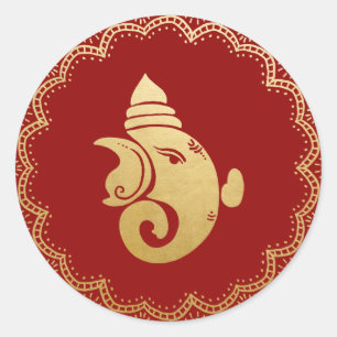 Gold Festiver Ganesh Indischer Gott Rot Elegant Runder Aufkleber