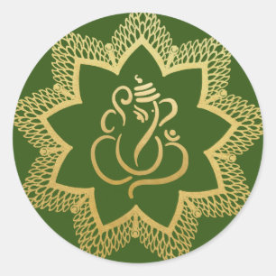 Gold Festiver Ganesha   Indischer Gott Grün Runder Aufkleber