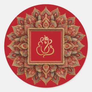 Gold Festiver Ganesha   Indischer Gott Rot Runder Aufkleber