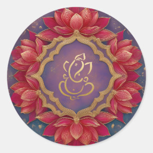 Gold Festlicher Ganesh   Indischer Gott Lila Rosa  Runder Aufkleber