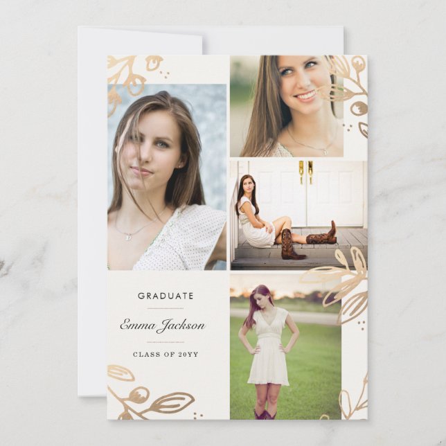 Gold Feuilles 4 Photo Grad Faire-part (Devant)