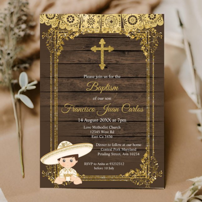 Gold Fiesta Boy Baptême Christening Invitation (Créateur téléchargé)