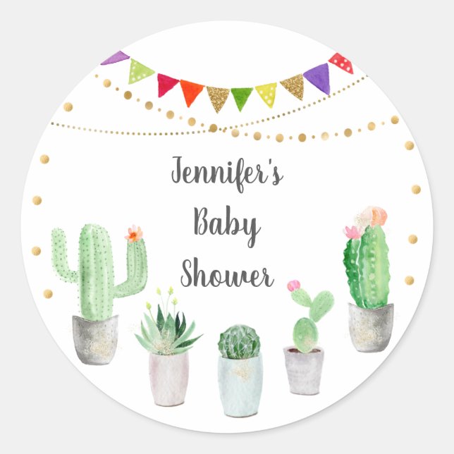 Gold Fiesta Cactus Baby Shower Runder Aufkleber (Vorderseite)