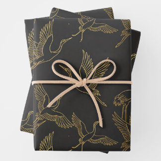 Gold-Filigran Art Deco | Kranich Anthrazitgrau Geschenkpapier Set