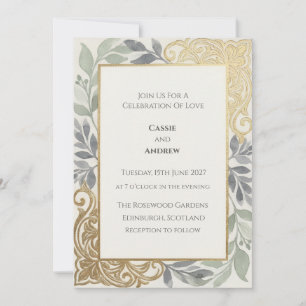 Gold-Filigran-Salbei-Laub-Hochzeit Einladung