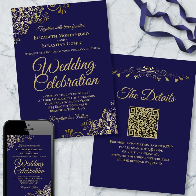 Gold Filigree auf Navy Blue Elegant QR Code Weddin Einladung (Von Creator hochgeladen)