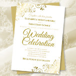 Gold Filigree Chic Elegant Festliche Hochzeit Einladung<br><div class="desc">Diese schöne Hochzeitseinladung ist stilvoll,  einfach und elegant. Es zeichnet sich durch goldene Schriftzeichen auf weißem Hintergrund aus,  in jeder Ecke mit floralen Imitaten-Filigree. Das schlichte Design wird durch die verzierten Falten und Wirbel des Kunstwerks ausgeglichen.</div>