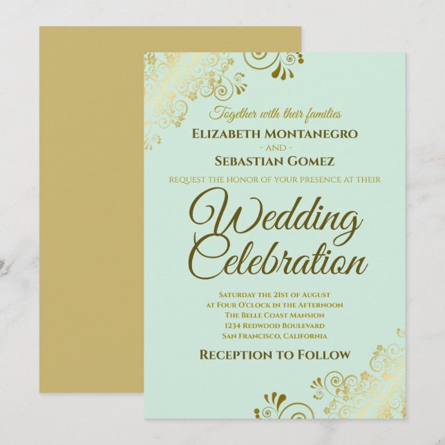 Gold Filigree Chic Elegant Neo Mint Green Wedding Einladung (Vorne/Hinten)