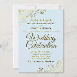 Gold Filigree Elegante Formal Powder Blue Wedding Einladung