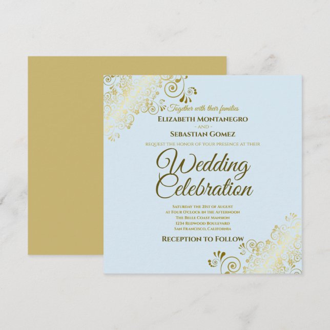 Gold Filigree Elegante Powder Blue Square Wedding Einladung (Vorne/Hinten)