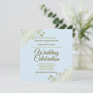 Gold Filigree Elegante Powder Blue Square Wedding Einladung