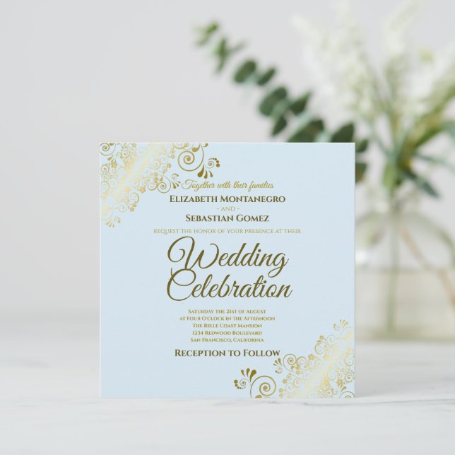 Gold Filigree Elegante Powder Blue Square Wedding Einladung (Stehend Vorderseite)