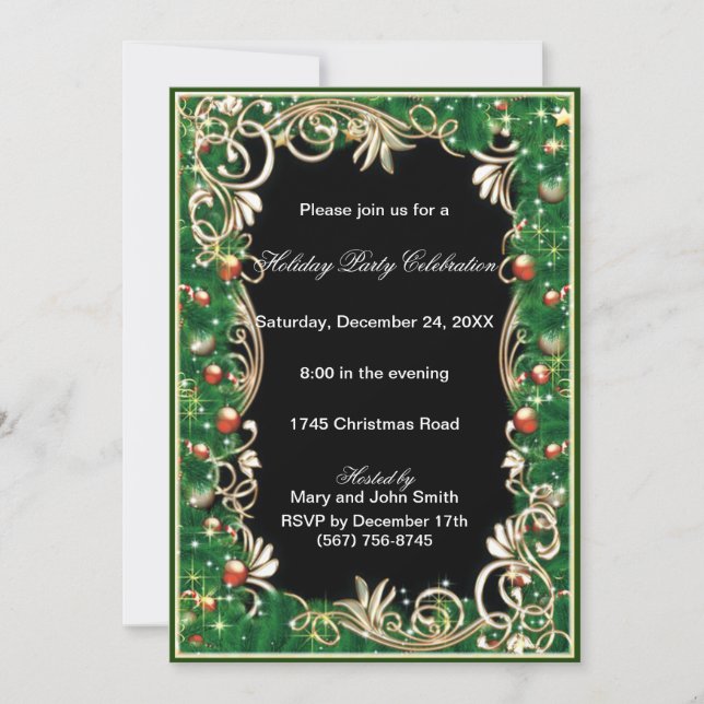 Gold Filigree Green Pine Noël Invitation (Devant)