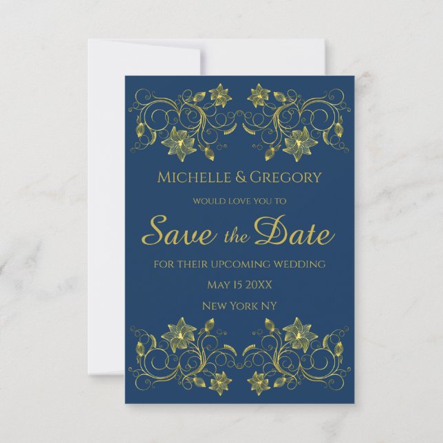 Gold Filigree und Script auf Atlantic Blue Save The Date (Rückseite)