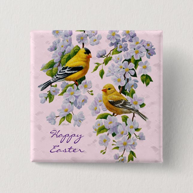 Gold Finch Birds & Apple Tree Pink Button (Vorderseite)