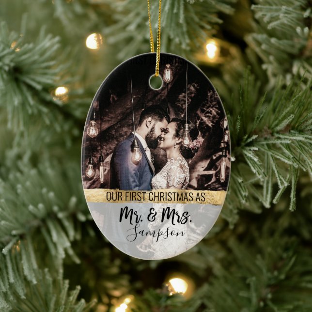 Gold First Christmas Married Paar Wedding Foto Keramik Ornament (Baum)