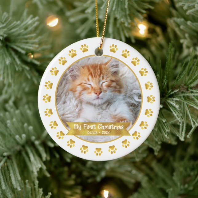 Gold First Christmas Pet Kitten Foto Paws Custom Keramik Ornament (Baum)