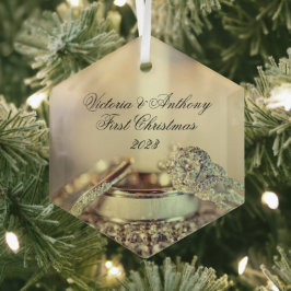 Gold First Christmas Together Date Rings Elegante Ornament Aus Glas