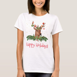 Gold Fleck Christmas Deer Happy Holidays T-Shirt