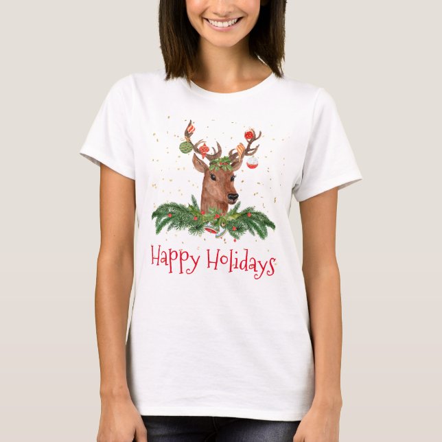Gold Fleck Christmas Deer Happy Holidays T-Shirt (Vorderseite)