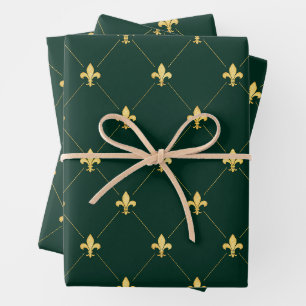 Gold Fleur-de-Lis auf Dunkelgrün Geschenkpapier Set