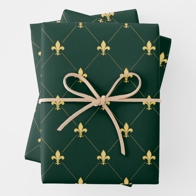 Gold Fleur-de-Lis auf Dunkelgrün Geschenkpapier Set (Beispiel)