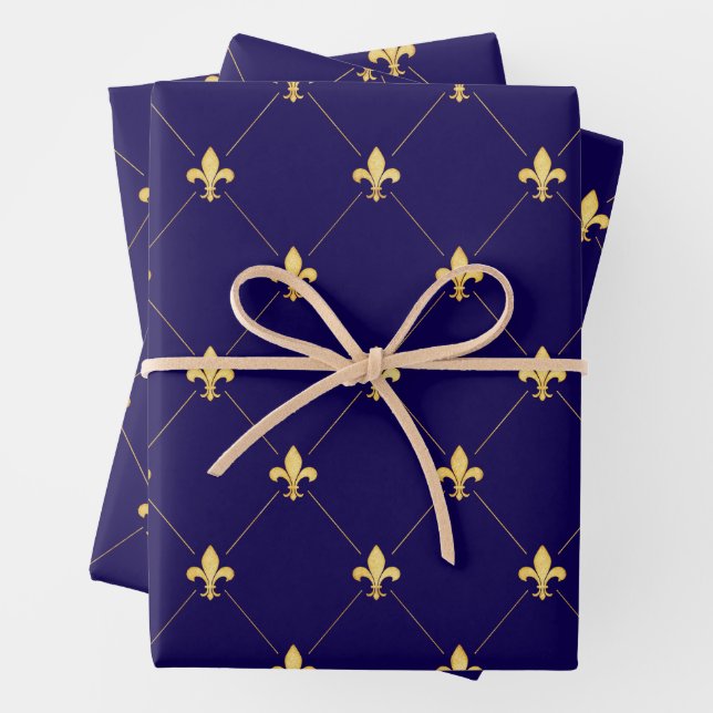 Gold Fleur-de-Lis auf Midnight Blue Geschenkpapier Set (Beispiel)