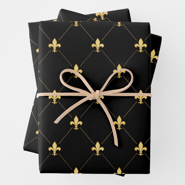 Gold Fleur-de-Lis auf Schwarz Geschenkpapier Set (Beispiel)
