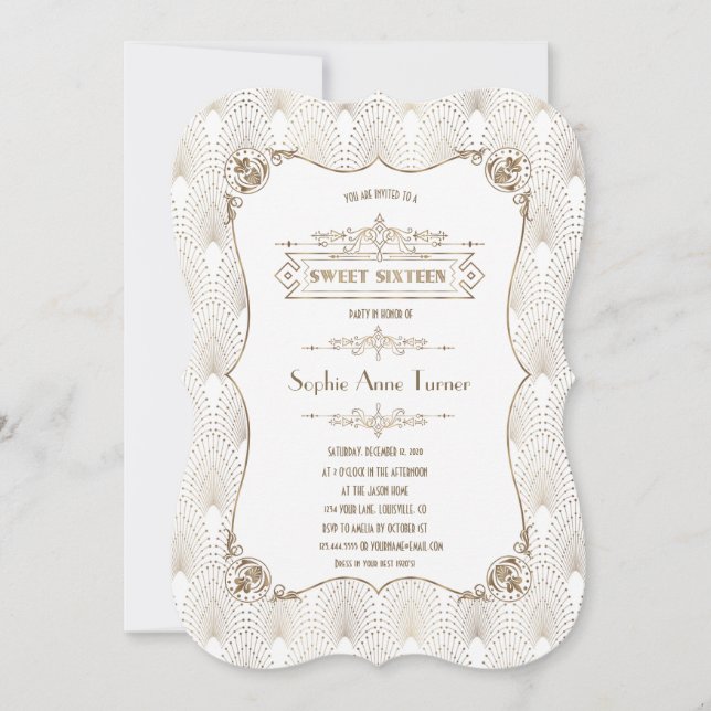Gold Fleur-de-lis Great Gatsby 20s Style Sweet 16 Einladung (Vorderseite)
