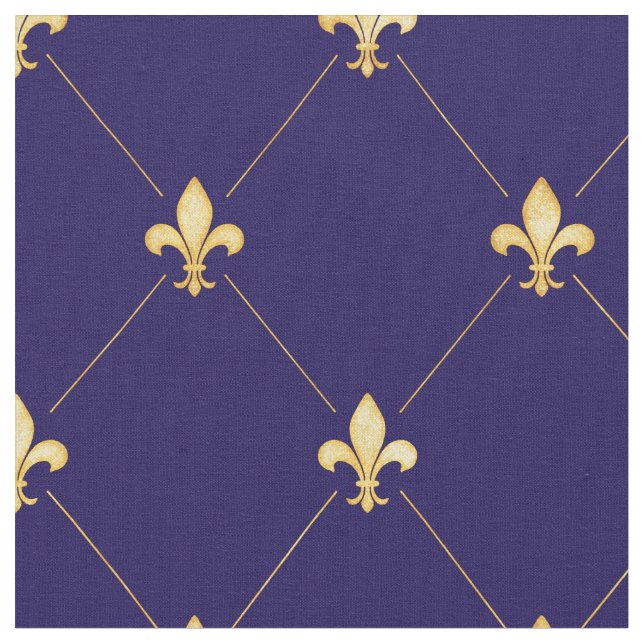 Gold Fleur-de-Lis (mittlerer Maßstab) Midnight Blu Stoff (Nahaufnahme)