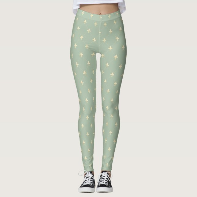 Gold Fleur-de-Lis Sage Leggings (Vorderseite)