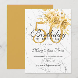 Gold Floral 50. Geburtstagsparty Marmor Einladung