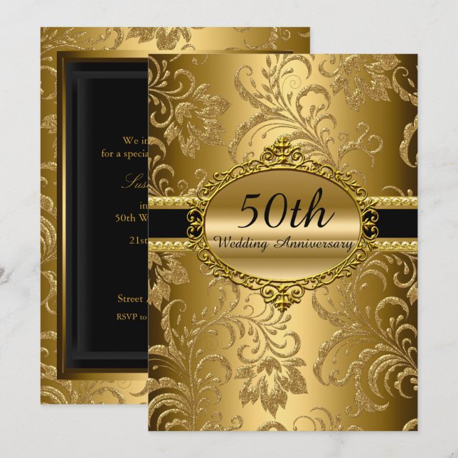 Gold Floral 50. Hochzeitstag Einladung (Vorne/Hinten)