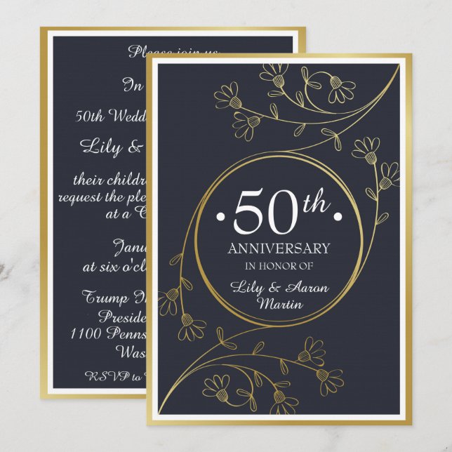 Gold Floral 50-Jubiläum Einladung (Vorne/Hinten)