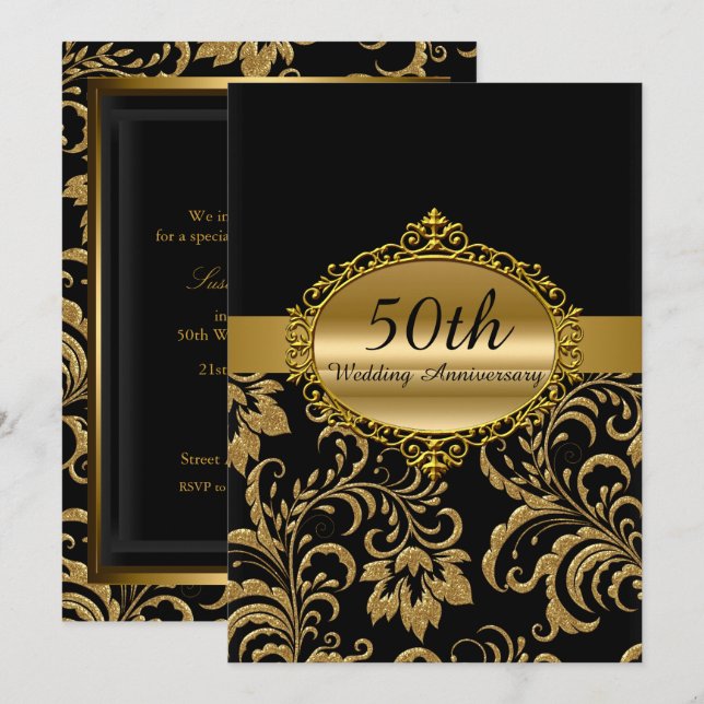 Gold Floral 50e Mariage Invitation de l'anniversai (Devant / Derrière)