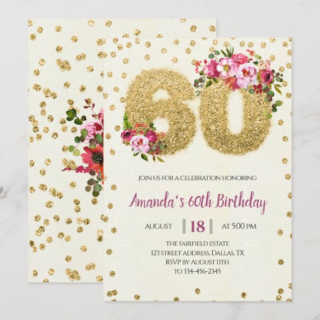Gold Floral 60e anniversaire Invitation (Devant / Derrière)